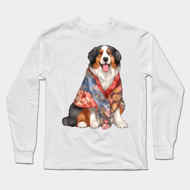 Watercolor Bernese Mountain Dog in Kimono Long Sleeve T-Shirt by Chromatic Fusion Studio